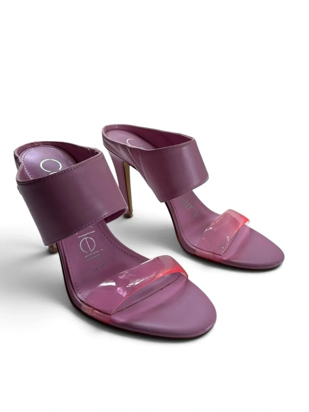 Calvin Klein Women Two Strap Heel Sandals Mauve Clear Strap Size 7.5